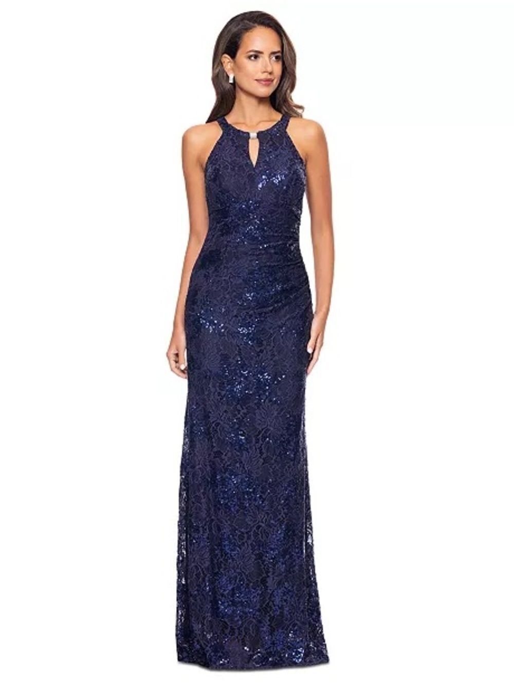 NWT Betsy & Adam petite Blue sequin Floral Halterneck Gown Size 14 14p